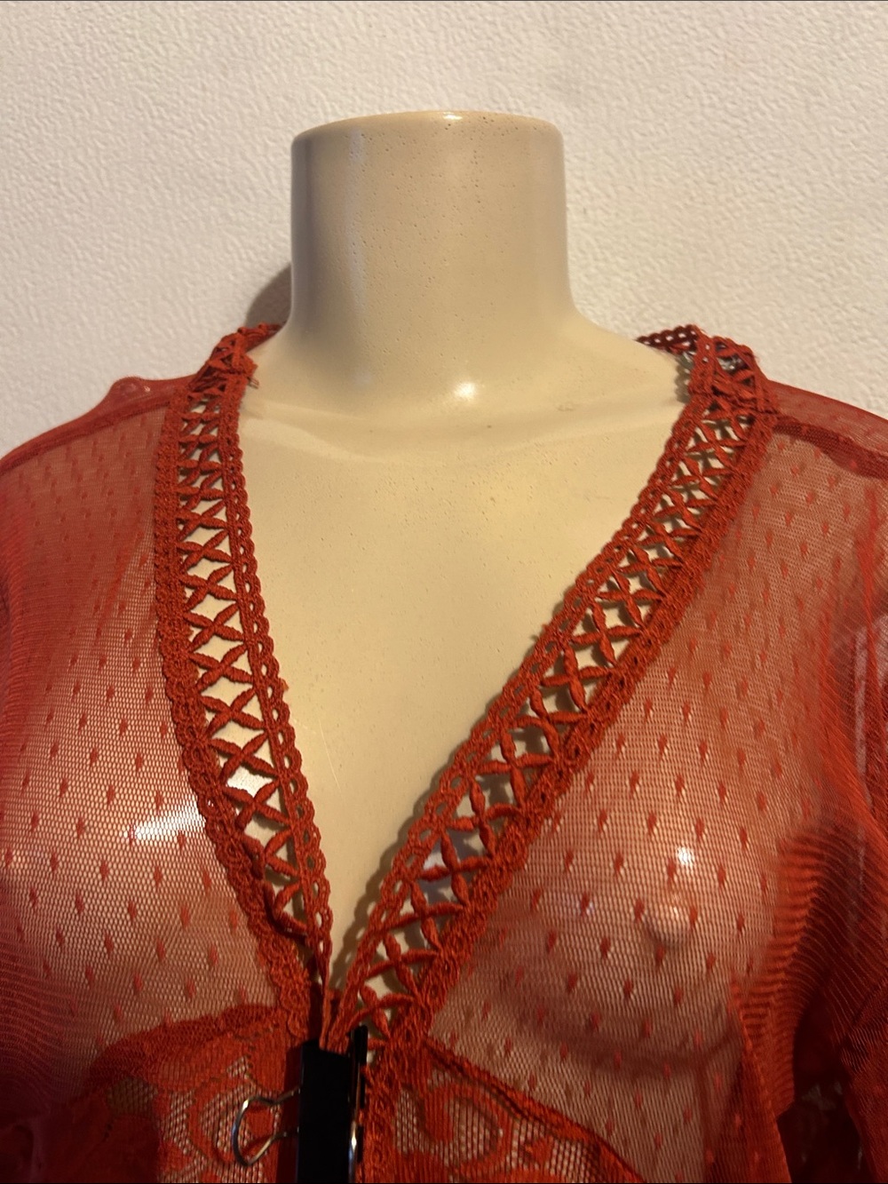 Sheer Lace Long Robe in Rust Red - Picture 5 of 6